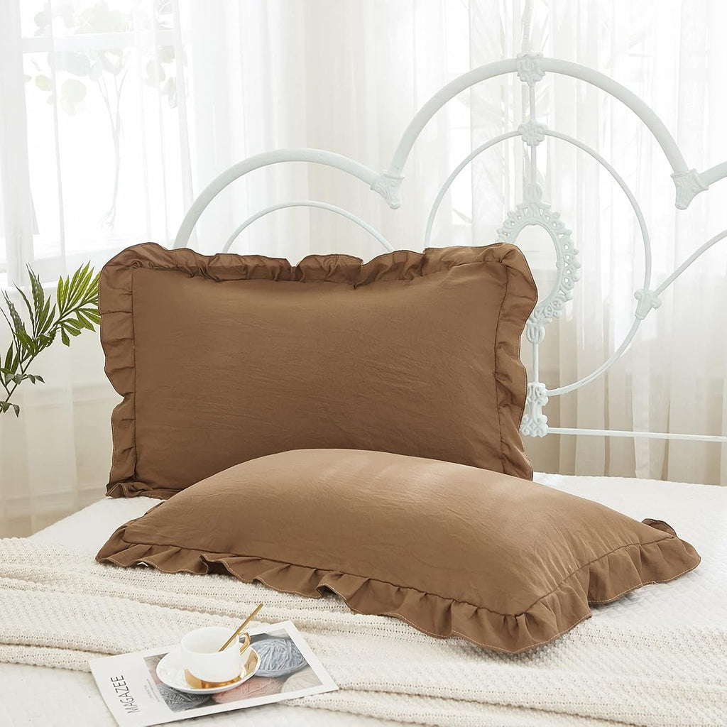 Merryword Brown Pillowcases - King Size Ruffled Shams Set of 2 - Solid Fringe Design - Coffee Brown Shabby Chic - 2 Pack (King (20''x36''))…