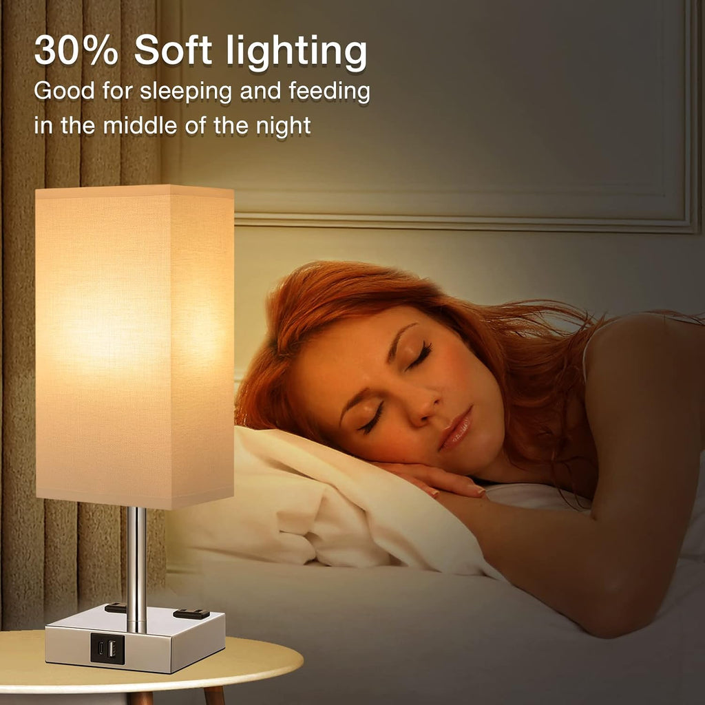 aooshine Set of 2 Touch Nightstand Lamp with USB-C+A Charge Ports& AC Outlets, 3-Way Dimmable Bedside Lamp with White Fabric Shade, Small…