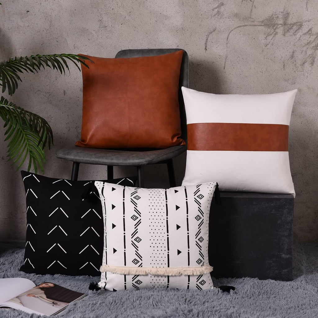 Tosewever Boho Geometric Throw Pillow Covers 18 x 18 Set of 4, Modern Stripe Farmhouse Decorative Faux Leather Cotton Pillowcase for Bedroo…