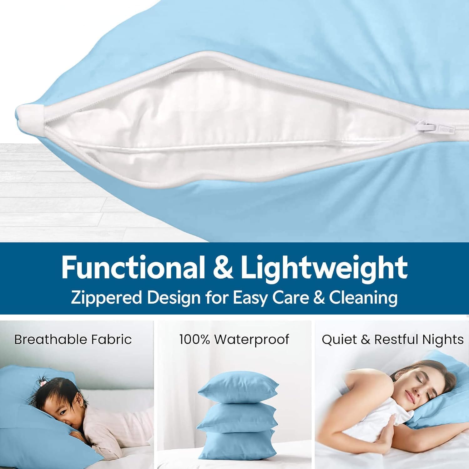 Guardmax Waterproof Pillow Protector Light Blue King Size - Zippered Bed Bug Pillow Protector 8 Pack - Hypoallergenic Pillow Case Cover…