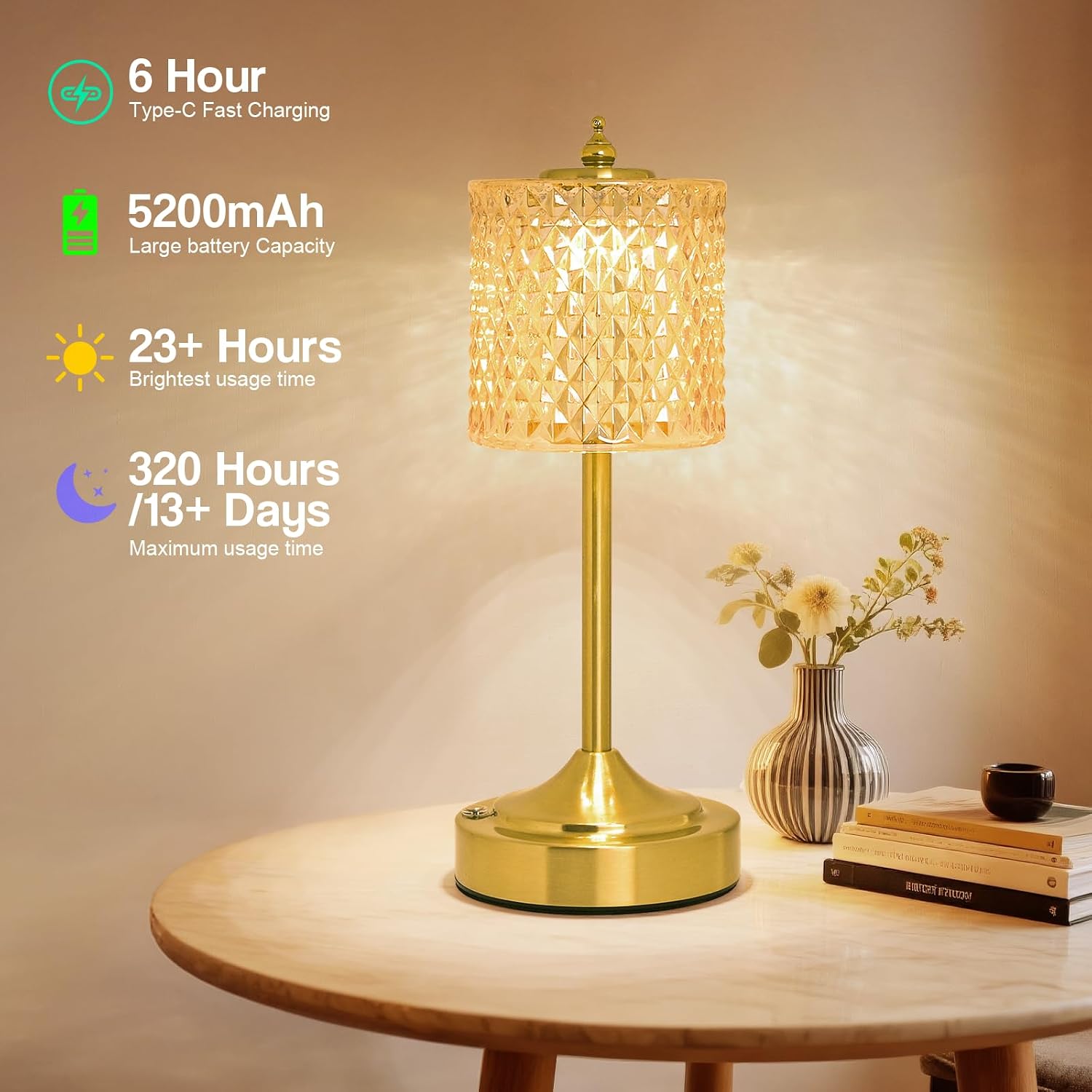 Cordless Crystal Table Lamp, 5200mAh Rechargeable Battery, 3 Color Dimmable Touch Control, Portable Vintage Gold Desk Lamp for Bedroom…