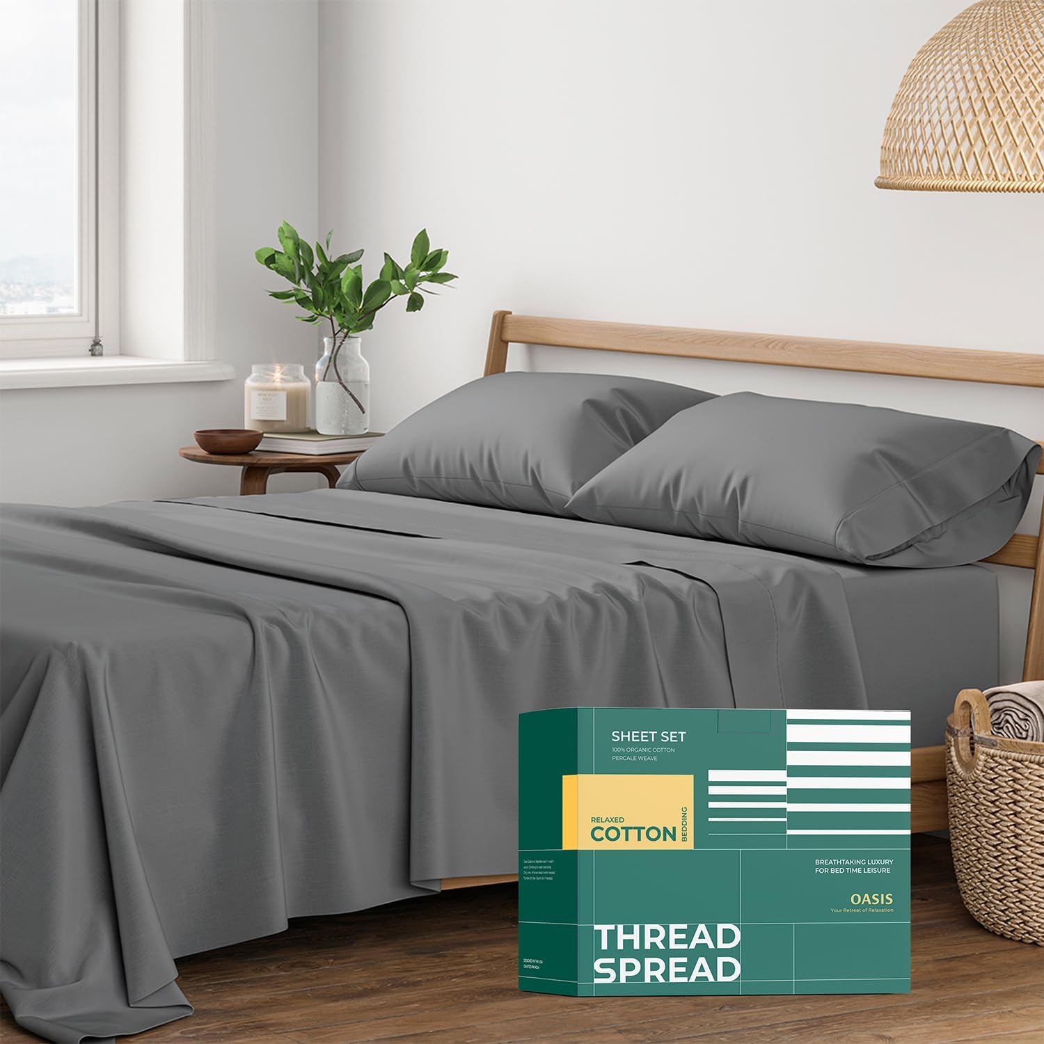 THREAD SPREAD 100% Organic Cotton Sheets Queen Size - 4 PC Organic Cotton Queen Size Percale Weave Sheet Set, Soft, Cooling, Crisp &…