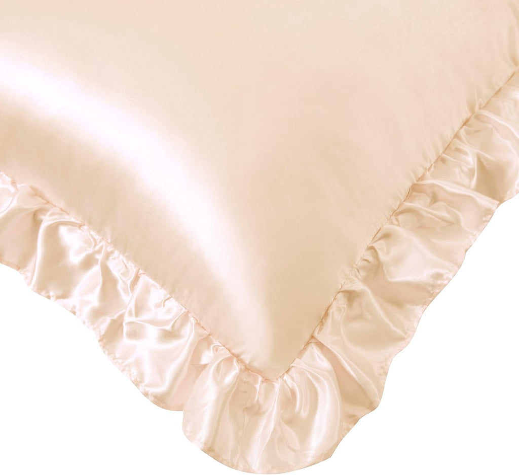 HommxJF Silky Satin Ruffled Pillow Cases for Hair and Skin, Champagne Silk Pillowcases King Set of 2 with Envelope Closure Princess Room 7.5…