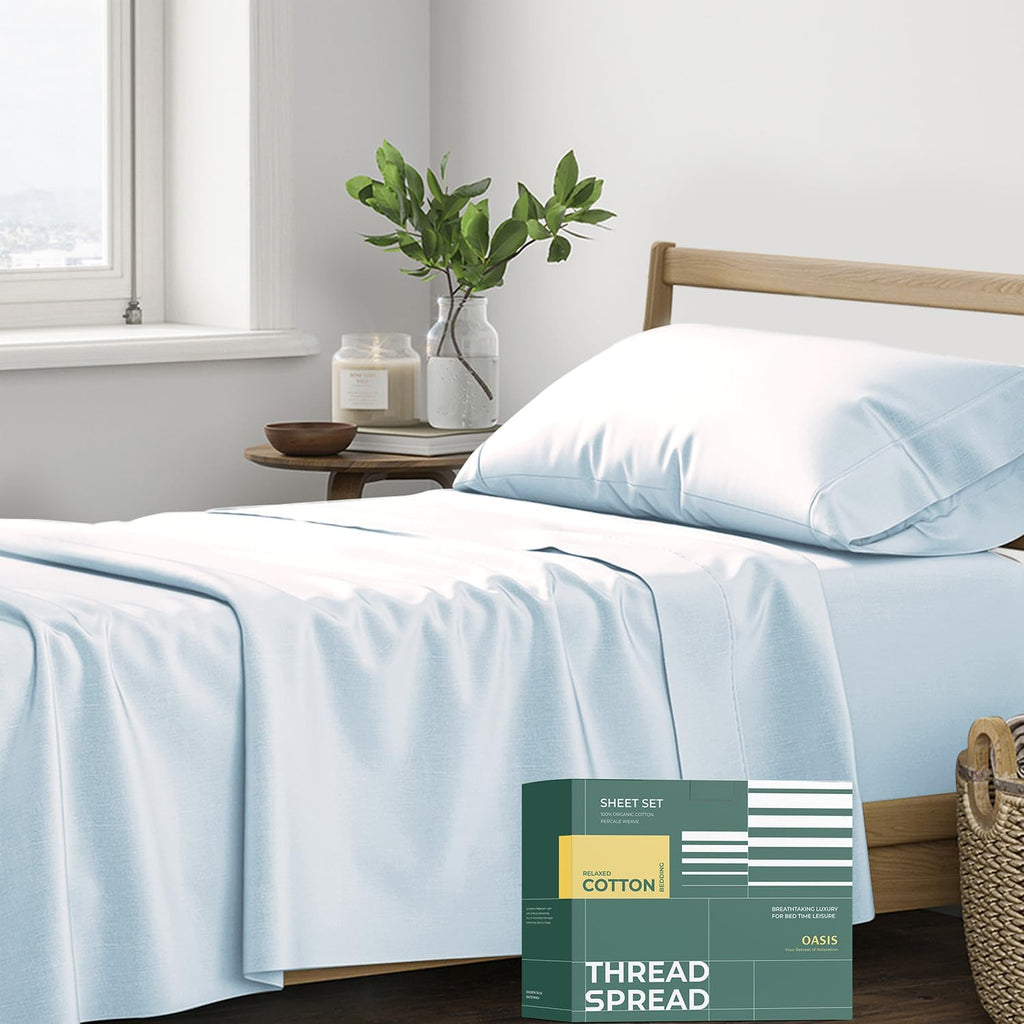 THREAD SPREAD 100% Organic Cotton Sheets Twin Size - 3 PC Organic Cotton Twin Size Percale Weave Sheet Set, Soft, Cooling & Crisp, 16"…