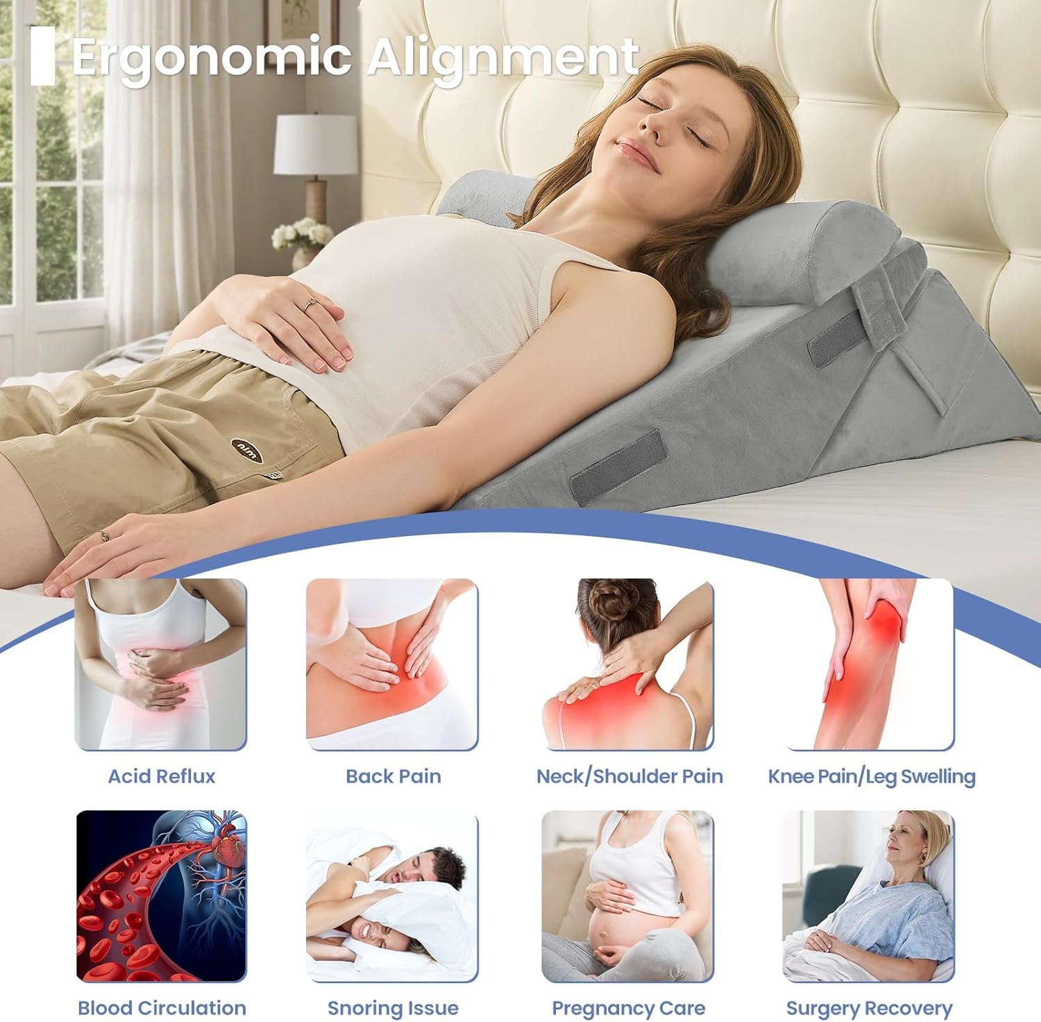 Sasttie Wedge Pillow Set for After Surgery, 2PCS Adjustable Bed Wedge Pillow Headboard with Memory Foam Neck Cushion – for Acid Reflux, Sle…