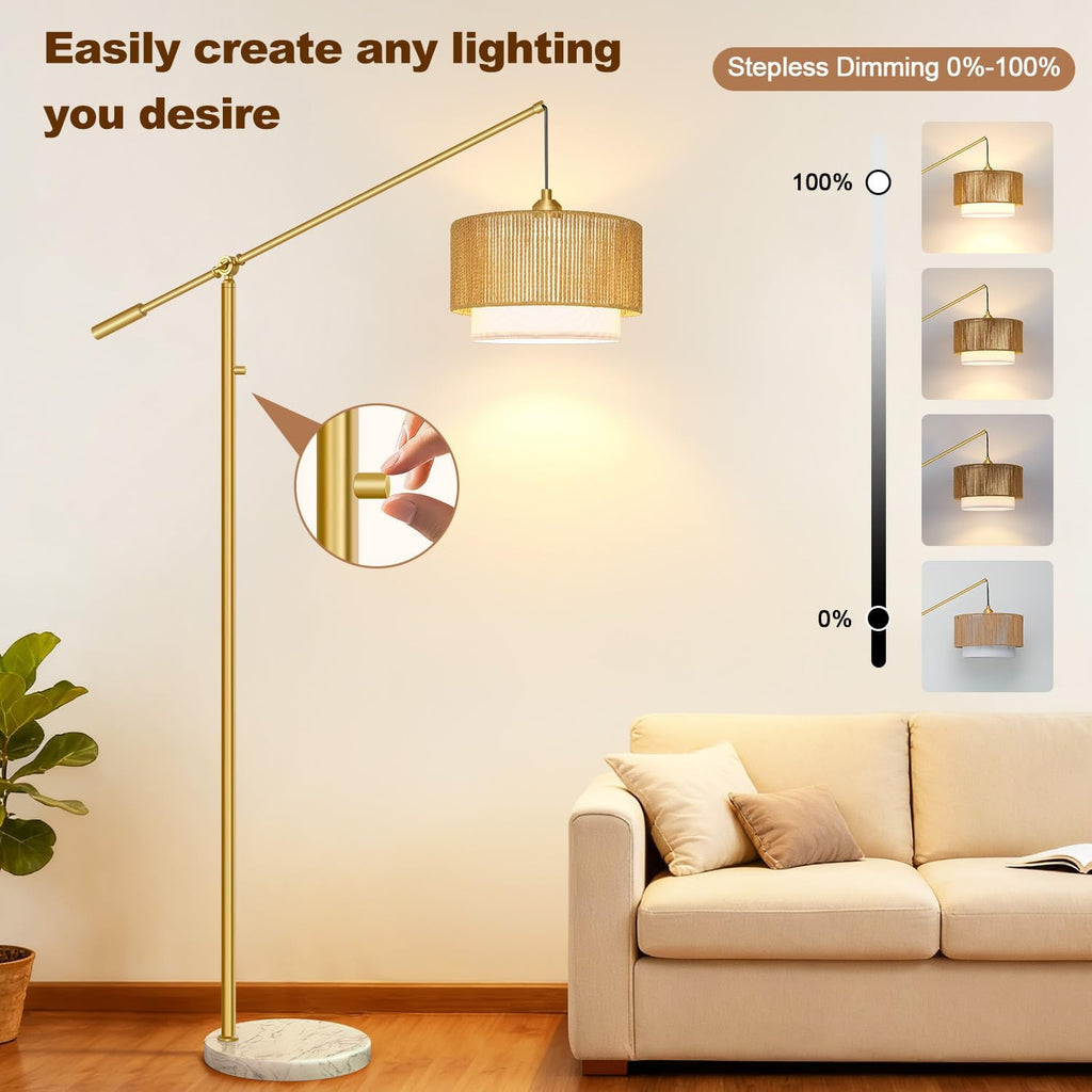 Upgraded】Arc Floor Lamp for Living Room, Boho Dimmable Swing Arm Floor Lamp with Rattan & Fabric Shades, Gold Rattan Standing Lamp with…