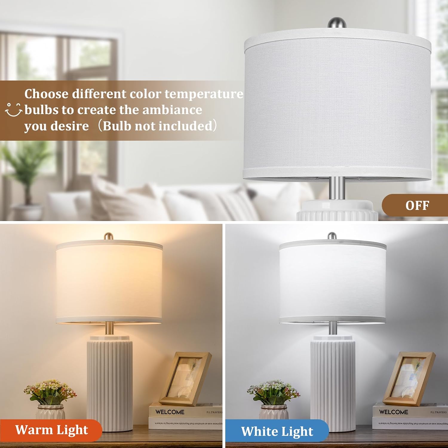 Tobusa 23.5’’ Modern White Ceramic Lamps Set of 2, Living Room Retro Side Table Lamps, Farmhouse Bedside Nightstand White Lamps for Bedroom…