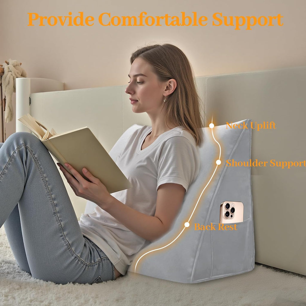 Wedge Headboard Pillow Reading Backrest Pillow for Sitting in Bed Sofa Dorm with Removable Cover Side Pockets Dutch Velvet Fabric Grey