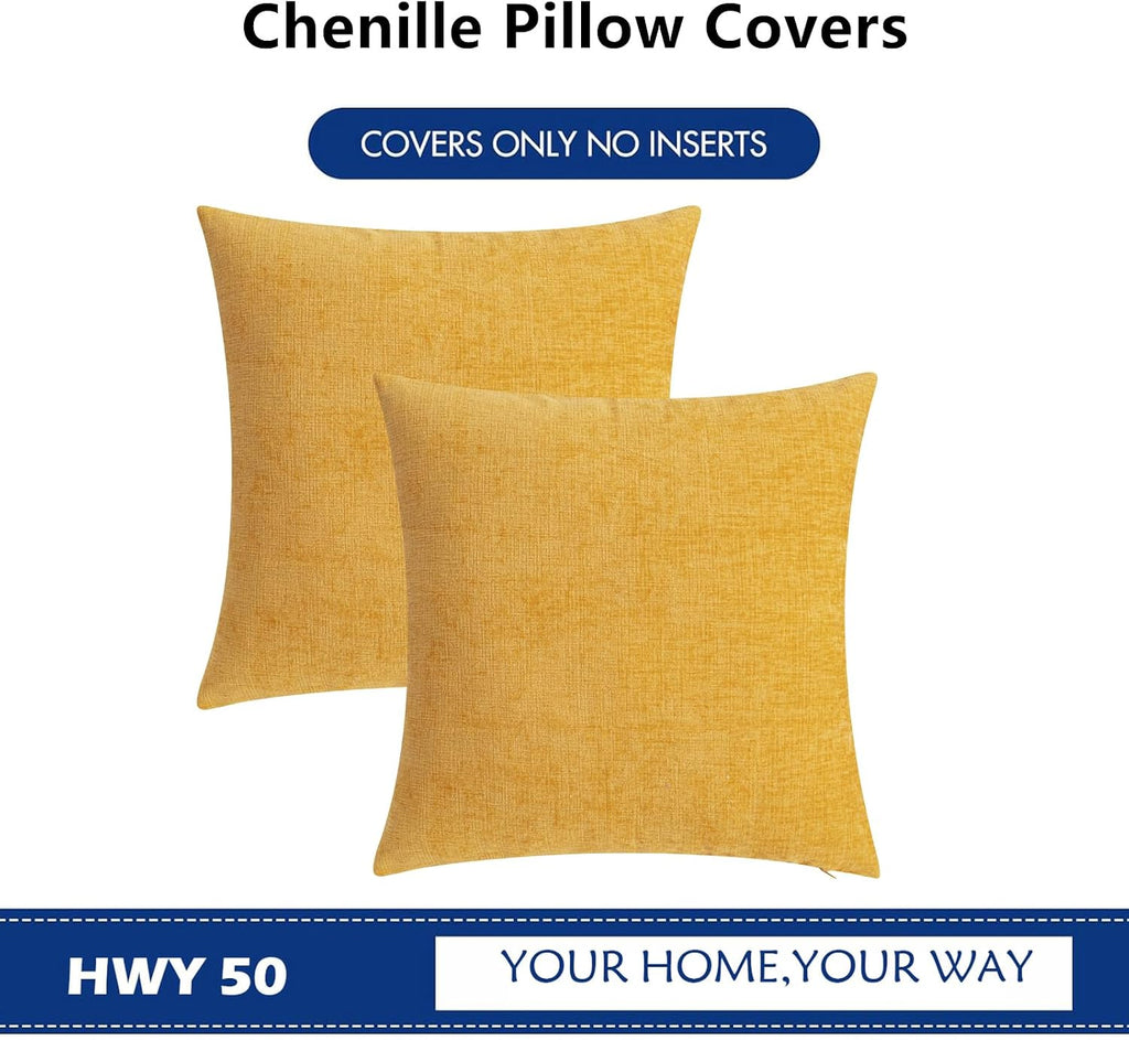 Hwy50 HWY 50 Mustard Yellow Couch Pillow Covers 22x22 Inch Pack of 2, Soft Chenille Decorative Throw Pillow Cases Farmhouse for Sofa Living…