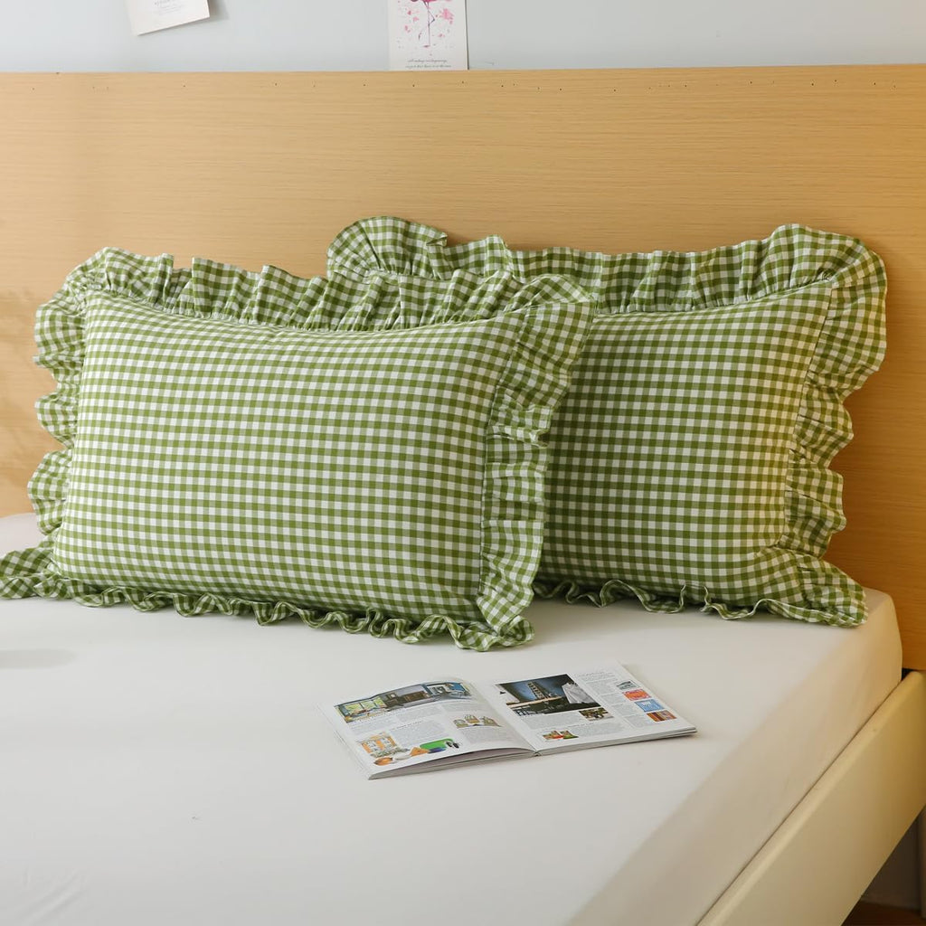 Silnuo Green/White Plaid Ruffled Queen Size Pillow Shams Set of 2, Washed Cotton Shabby Checkered Gingham Farmhouse Bed Pillow Covers 20"x30…