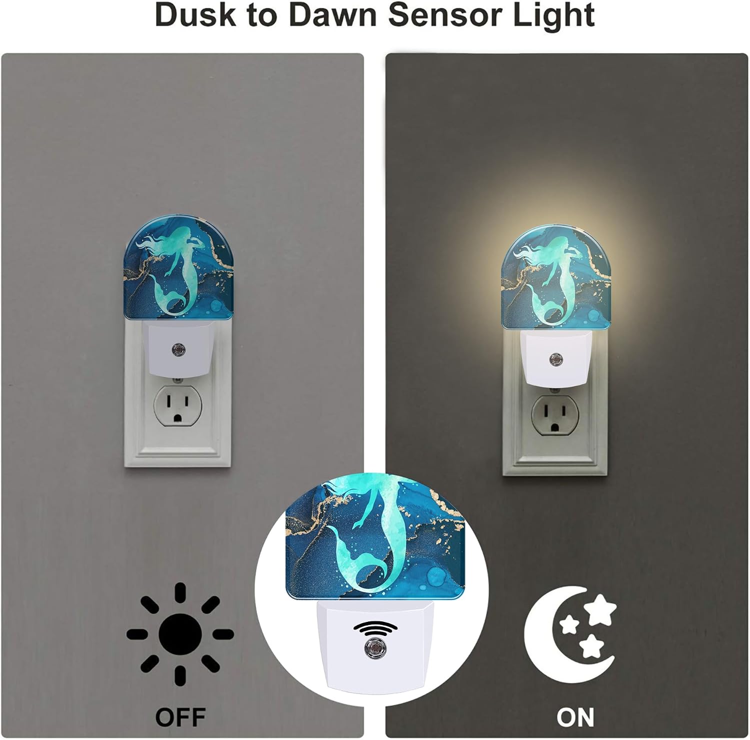 Watercolor Turquoise Mermaid Night Light for Kids, Navy Blue Golden Marble Night Light Plug in with Dusk to Dawn Sensor,0.5w Energy Saving…