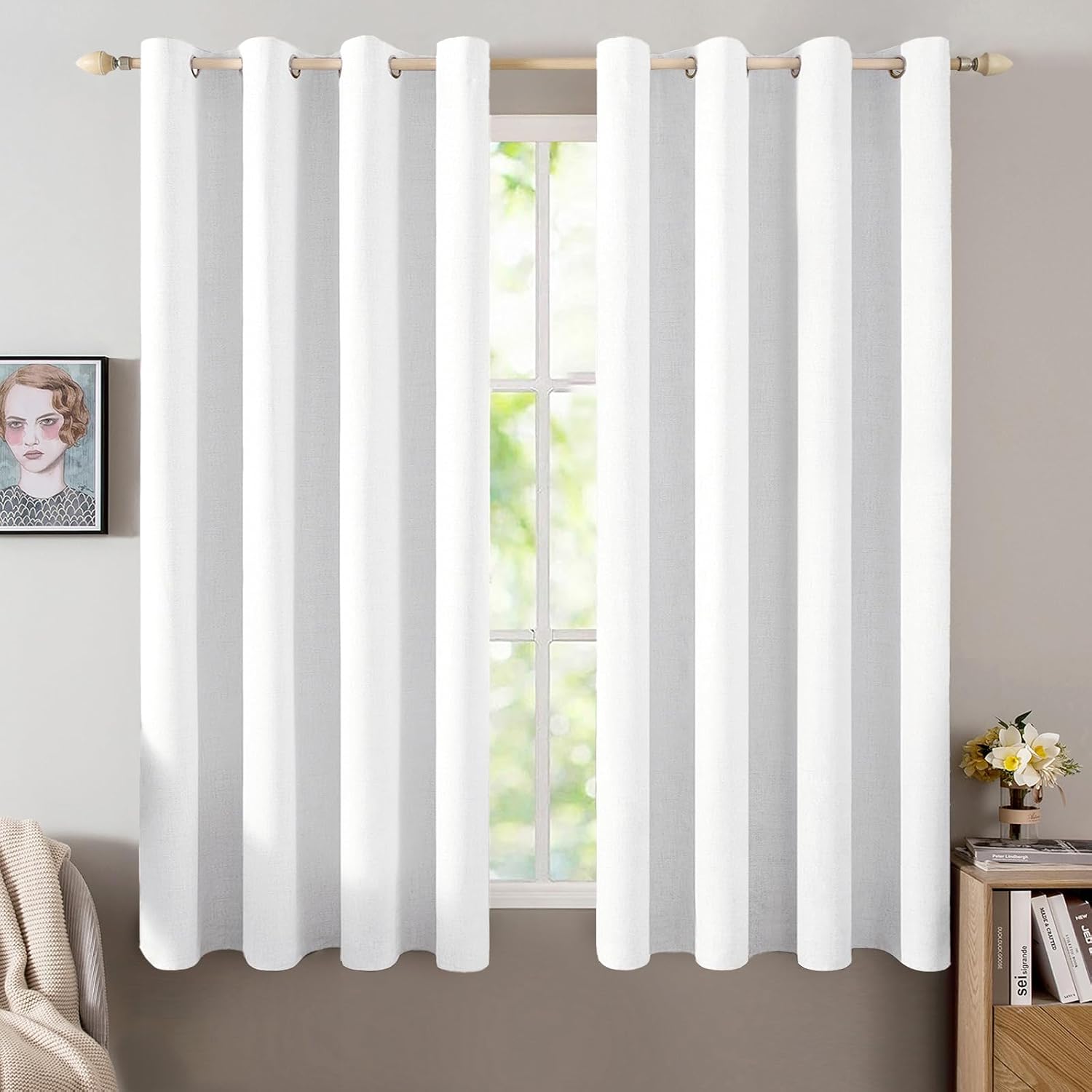 Miulee Linen Textured Curtains for Bedroom Solid 100% Blackout Thermal Insulated Bright White Grommet Room Darkening Curtains & Drapes Luxu…