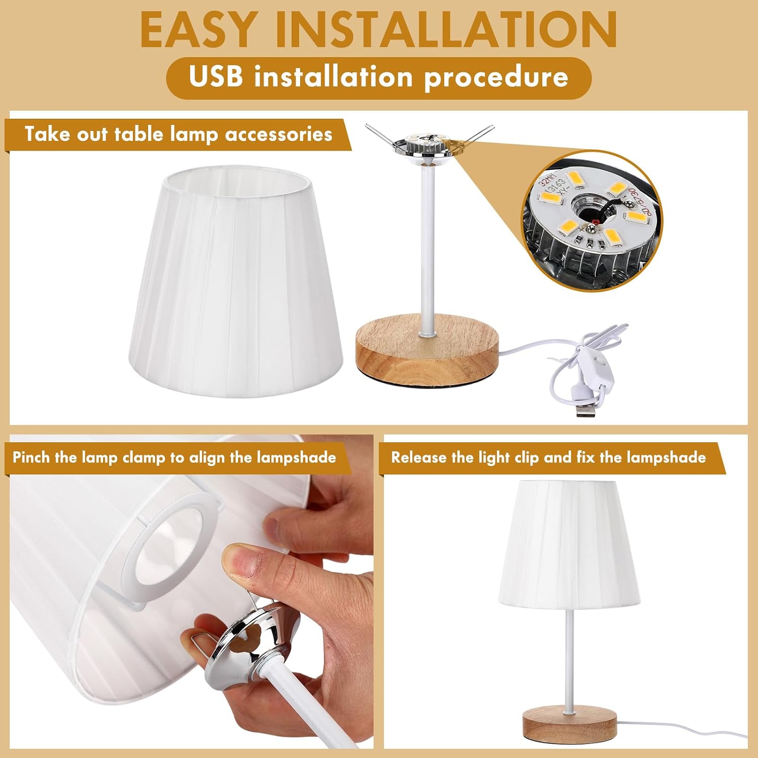 Gerrii 4 Pack Small Bedroom Table Lamp with USB Powered, Bedside Pleated Lamps for Nightstand Metal Base & Fabric Shade Warm Eye-comfort…