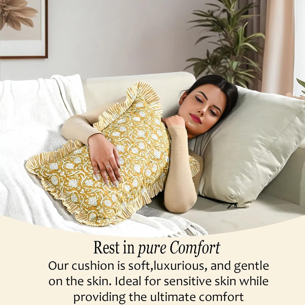 Cottonprintclub CPC Hand Block Print Mustard Regal Ruffle Sham Pillow Cover 20" x 12" inch Hidden Zipper Decorative Pillowcase for Couch, B…