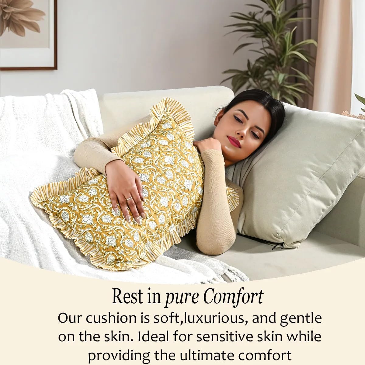 Cottonprintclub CPC Hand Block Print Mustard Regal Ruffle Sham Pillow Cover 20" x 12" inch Hidden Zipper Decorative Pillowcase for Couch, B…
