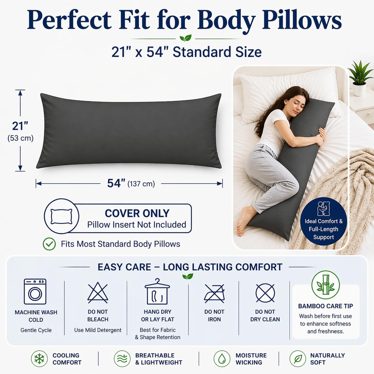 Evolive Rayon derived from Bamboo Material Cooling Breathable Pillow Cover/Pillowcases (Black, 21“X54“ Body Pillow Cover) 54 inches Bamboo…