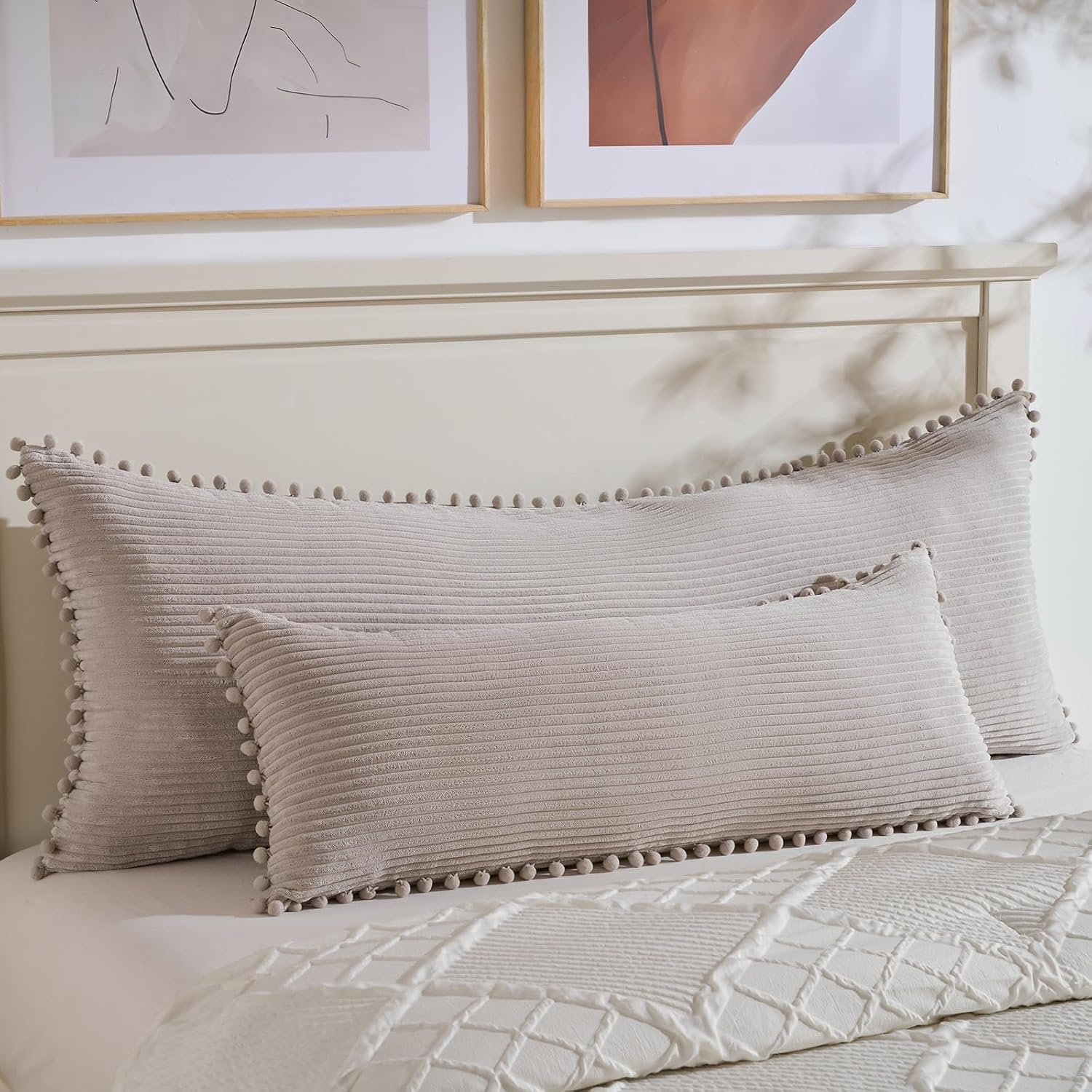 Fancy Homi 1 Pack Neutral Taupe Lumbar Body Decorative Throw Pillow Covers 20x54 Inch with Pom-poms for Couch Sofa Bed, Farmhouse Boho…