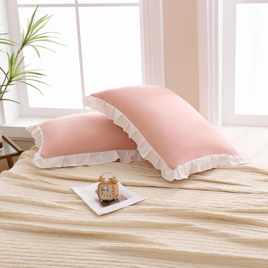 Merryword Pink Pillow Shams Standard Pillowcases 20x26inch Pink and White Reversible Cute Pillow Cover Set of 2 Soft Shabby Chic Ruffled Pi…