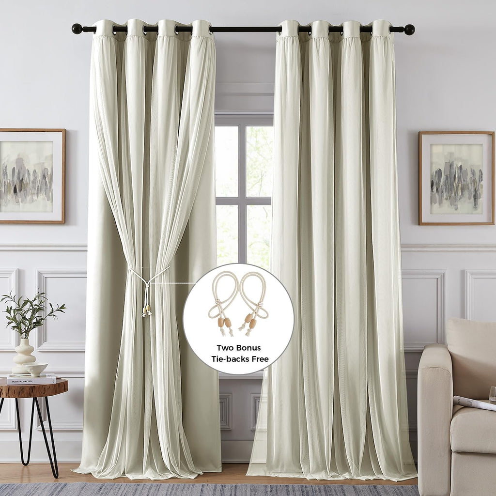 Swandream Blackout Curtains for Bedroom, Double Layer Ivory Curtains, Black Out Curtain 90 inch Long with Sheer Overlay for Living Room, Ro…