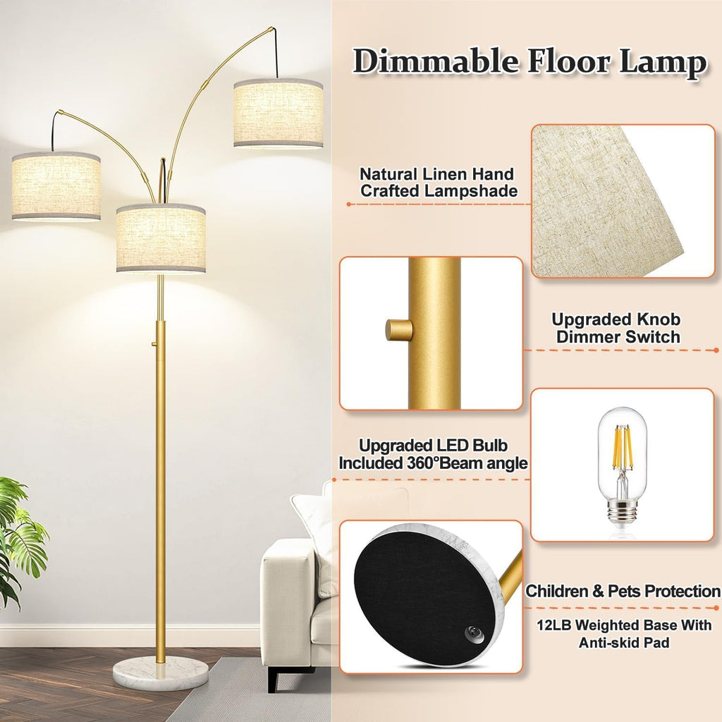 Dimmable 3 Lights Arc Floor Lamp, Modern Tall Standing Tree Lamp with Gold Pole, White Linen Shades & Solid Marble Base, 3000LM Warm…