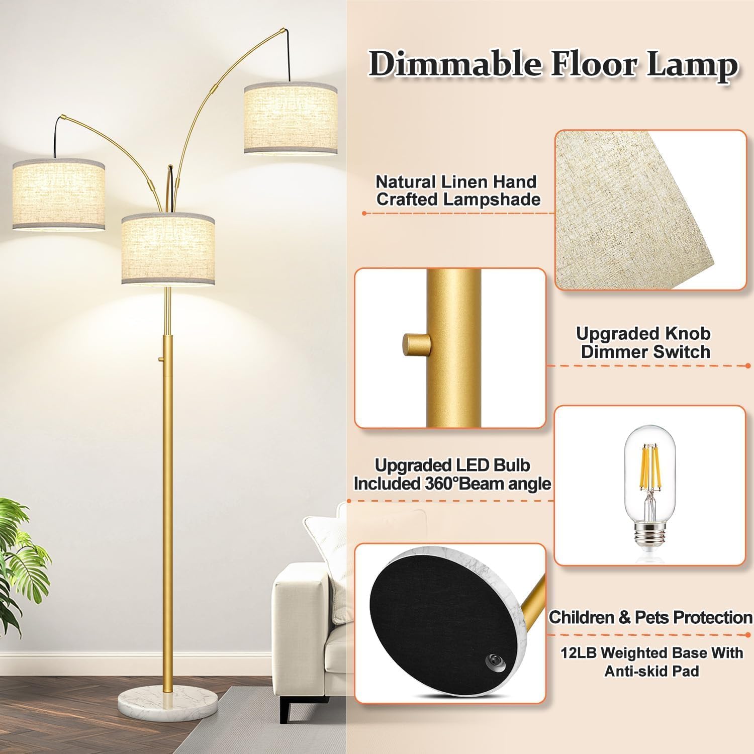 Dimmable 3 Lights Arc Floor Lamp, Modern Tall Standing Tree Lamp with Gold Pole, White Linen Shades & Solid Marble Base, 3000LM Warm…