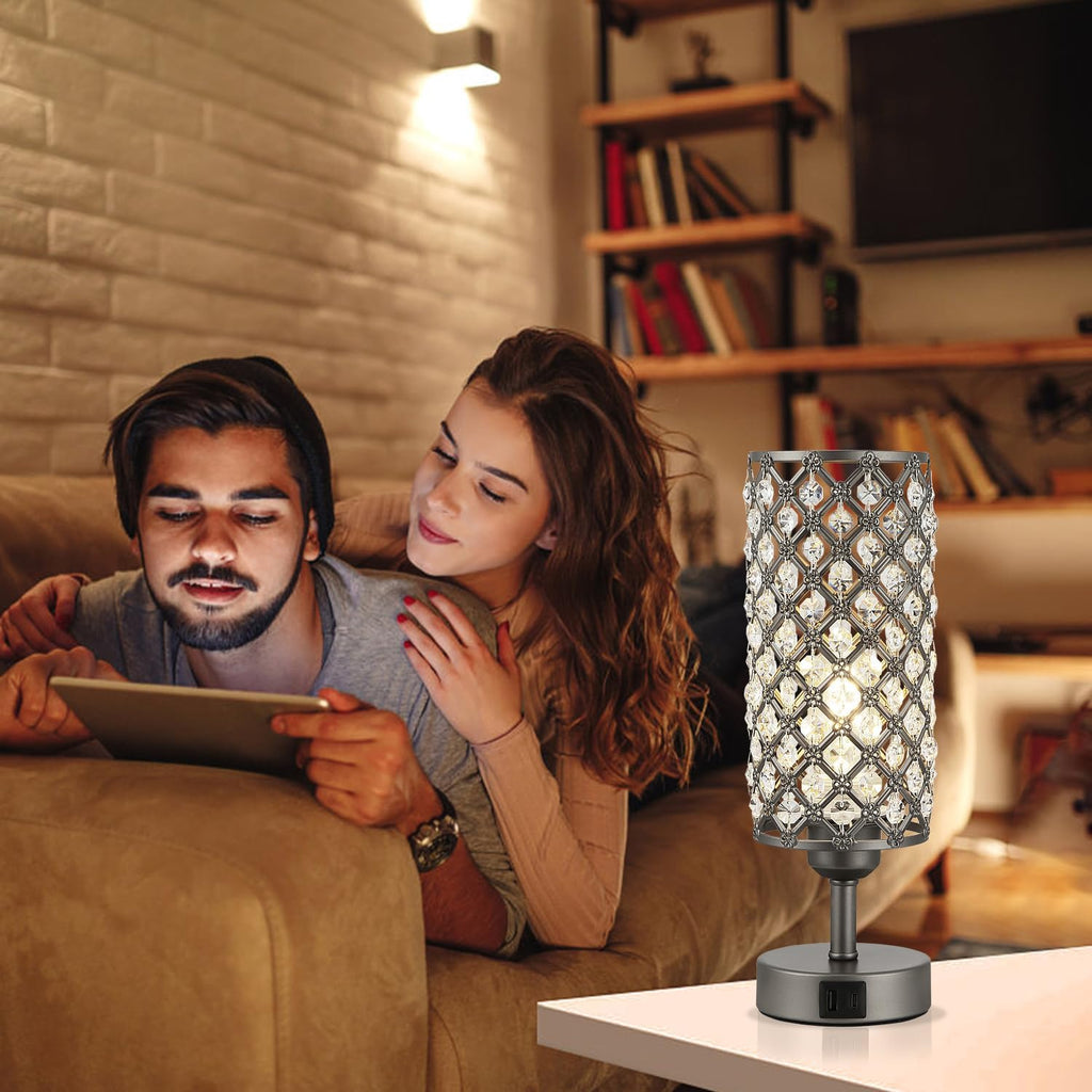 Hong-in Gray Crystal Table Lamp - 3-Way Dimmable Touch Control, Bedside Lamp with USB C and A Ports, Nightstand Light for Living Room…