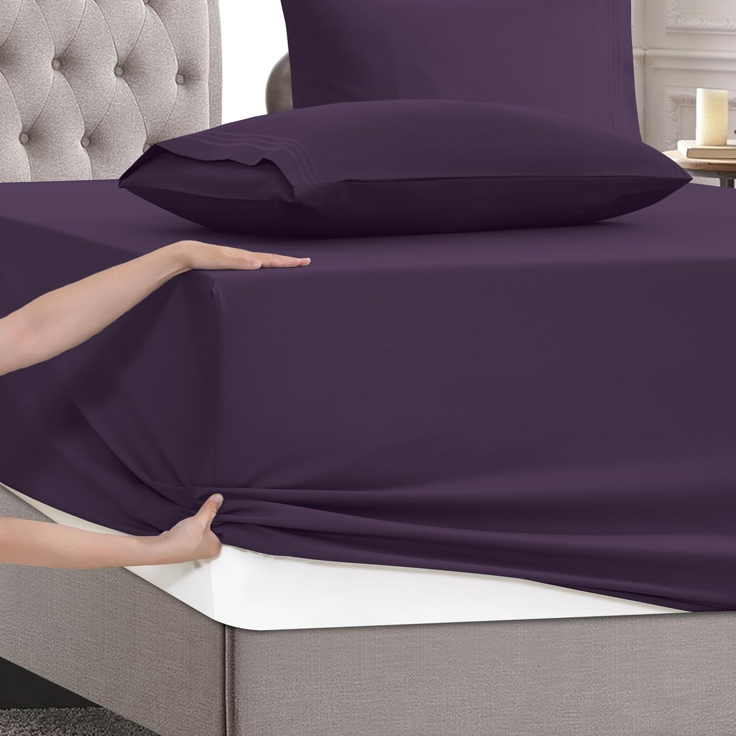 MocassiLuxuryBedding Mocassi Queen Size 4-Piece Bed Sheet Set - 1800 Hotel Quality Microfiber 18-24 Inches Extra Deep Pocket Fitted Sheet-…