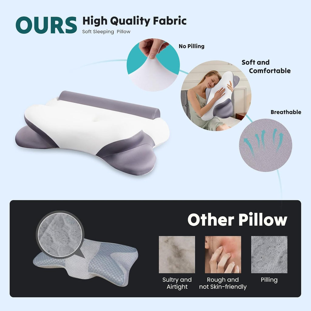 DUMOS Cervical Neck Pillow for Sleeping, Cooling Ergonomic Memory Foam Pillow with Arm Rest Slot and Ice Silk Pillowcase, Dual Height…