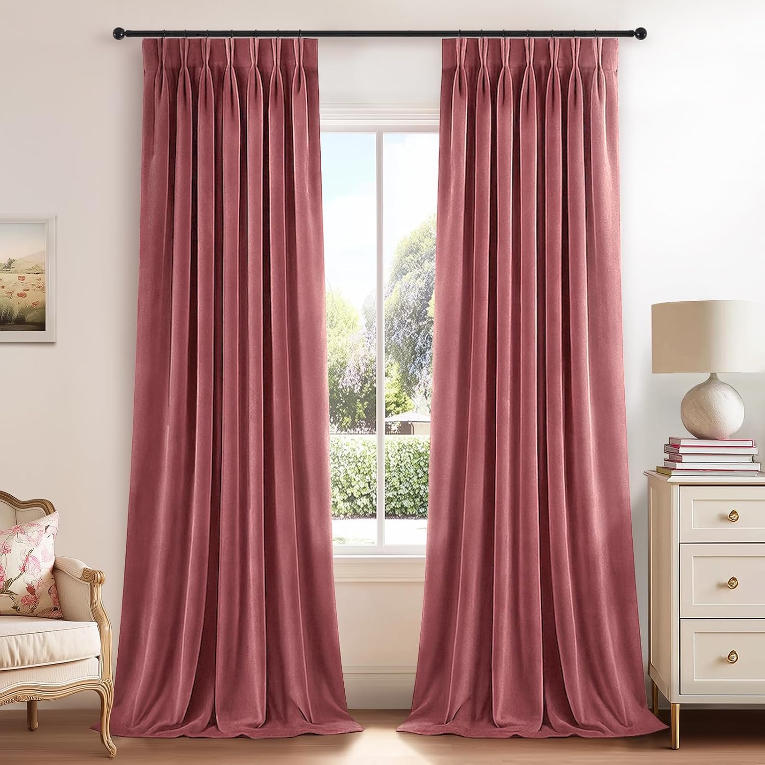 Drapenova Dusty Rose Velvet Curtains 90 Inches Long, Luxury Thick Velvet Viral Pinch Pleated Drapes for Nursery Girls Room Blackout D…