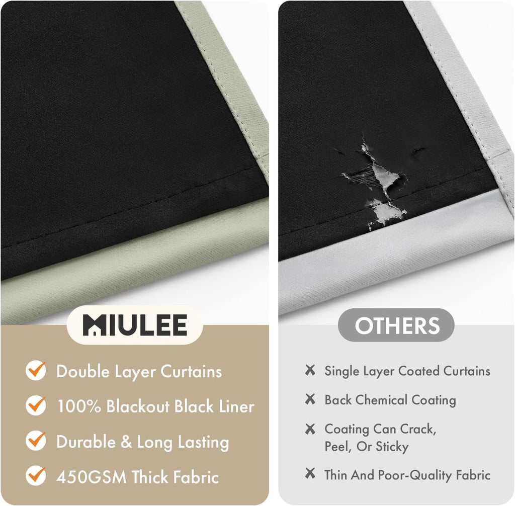 Miulee Sage Green 100% Blackout Curtains for Bedroom 84 Inch Long, 2 Thick Layers Thermal Insulated Black Out Window Curtains with Black Li…