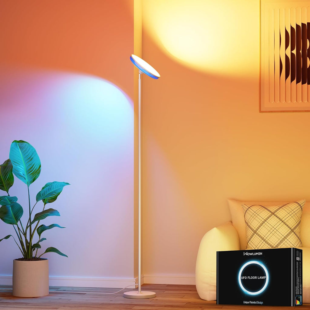 Wowlumenofficial UFO LED Torchiere Floor Lamp with RGB Ambient Light, 42W 3700LM Bright Dimmable Sky Lamp,71in Modern Tall Standing Lamp wi…