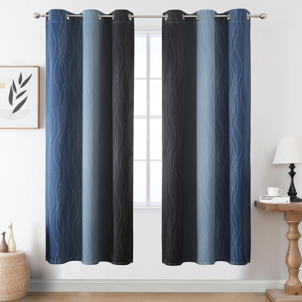 Estelartextiler Estelar Textiler Navy Blue and Black Ombre Blackout Curtains 72 Inches Long, Full Room Darkening Grommet Curtains for Bedro…