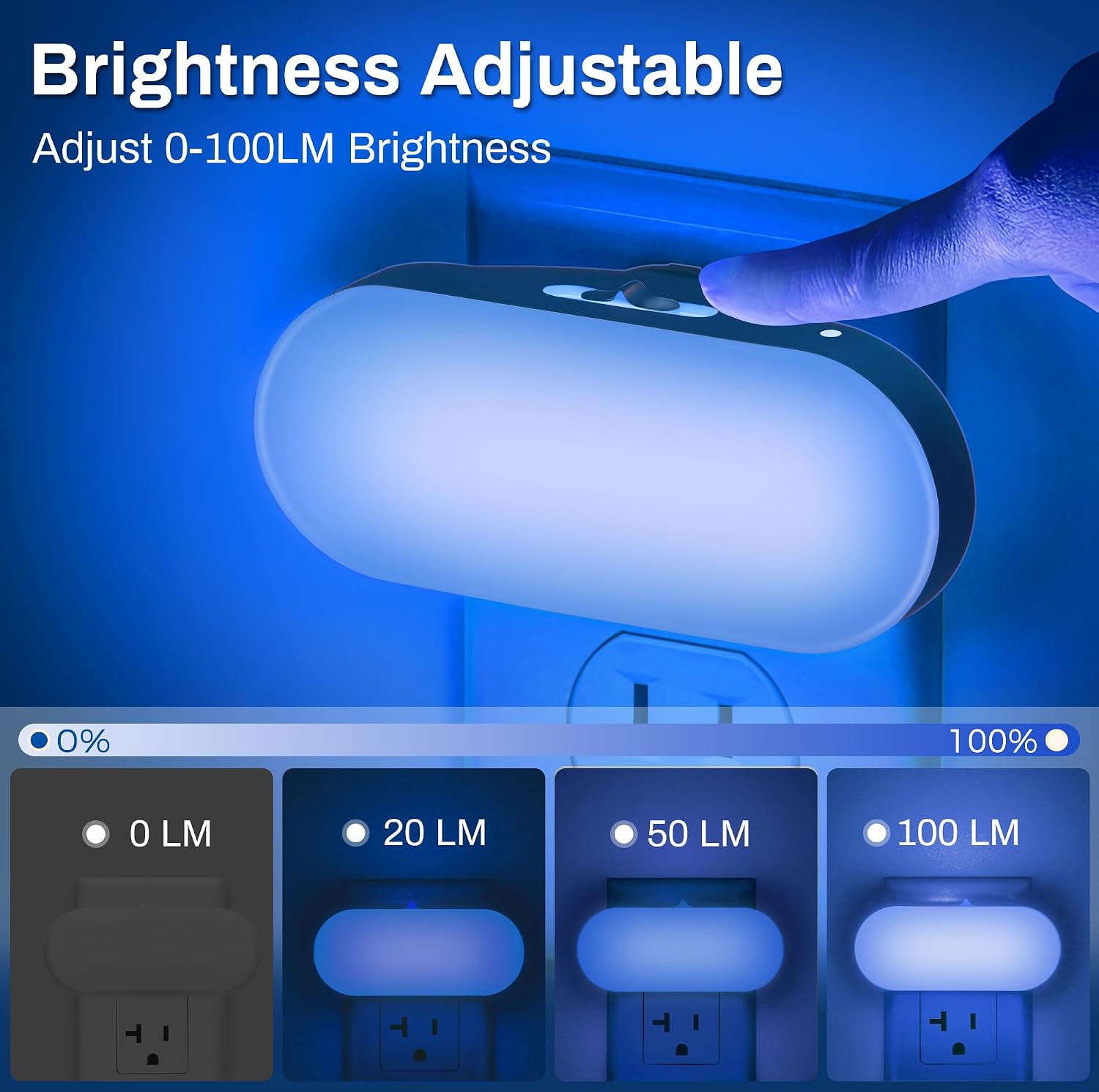 DORESshop Blue Night Light, Auto On/Off, 0-100 LM Adjustable Brightness, Dimmable Plug Into Wall Night Light for Kids Room, Bedroom…