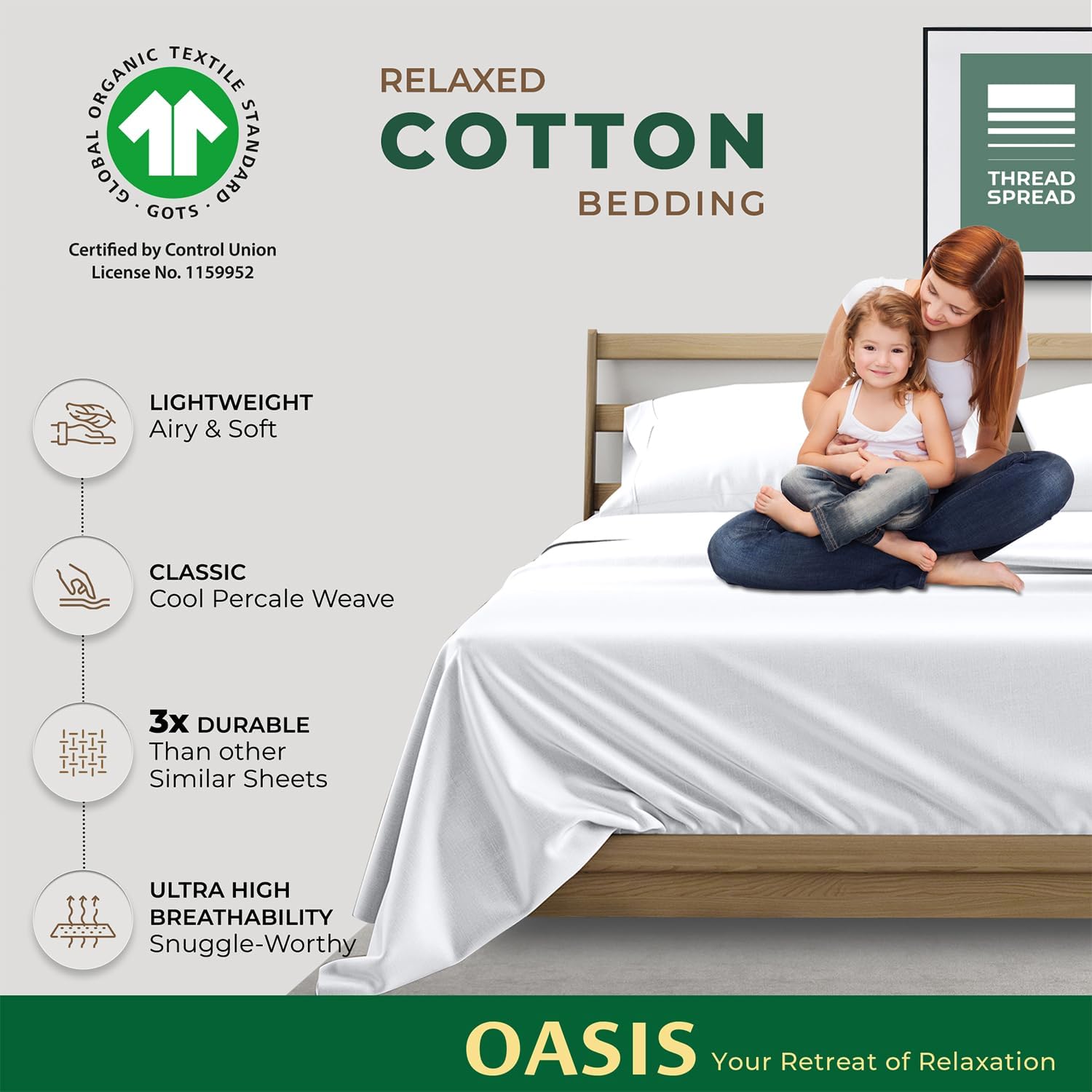 THREAD SPREAD 100% Organic Cotton Sheets California King Size - 4 PC Organic Cotton Cal King Size Percale Weave Sheet Set, Soft, Cooling…