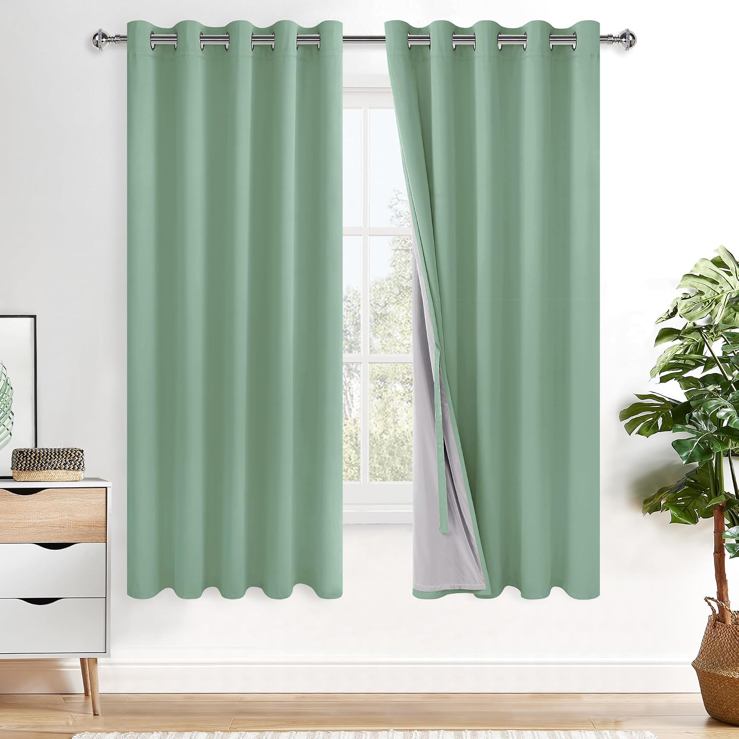 Xwzo 100% Blackout Curtains 63 Inches Length with Tiebacks - Heat and Light Blocking Ring Top Window Drapes with Black Liner Backing for Be…