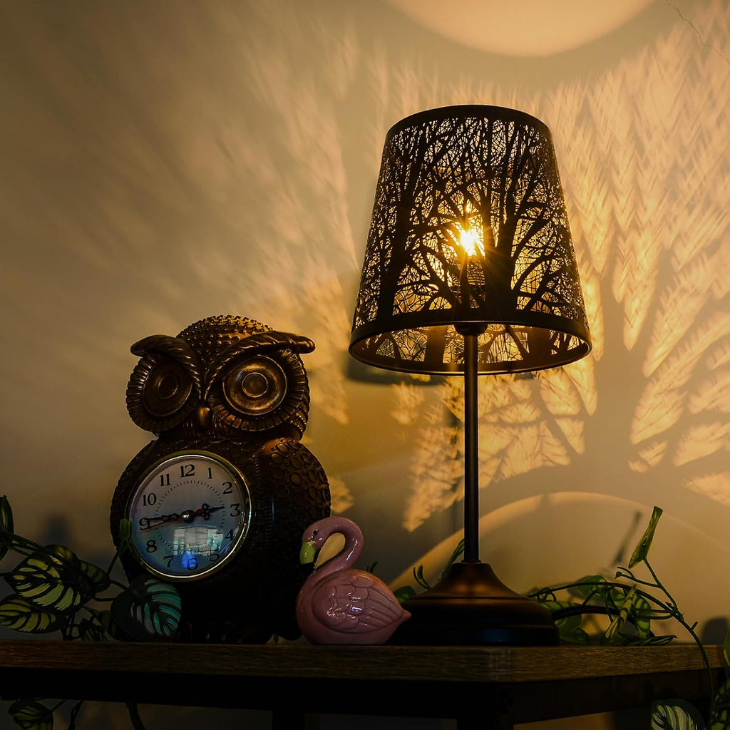 Black Metal Tree Shadow Table Lamp, Vintage Rustic Bedside Lamp, Small Bedside Night Light for Kids, Ambient Mood Lighting for Bedroom…