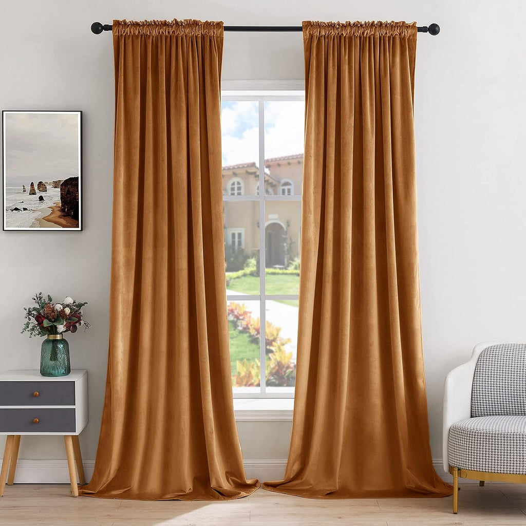 MIULEE Gold Brown Velvet Curtains Thermal Insulated Blackout Curtain Fall Drapes for Bedroom Living Room Darkening 84 Inches Long…