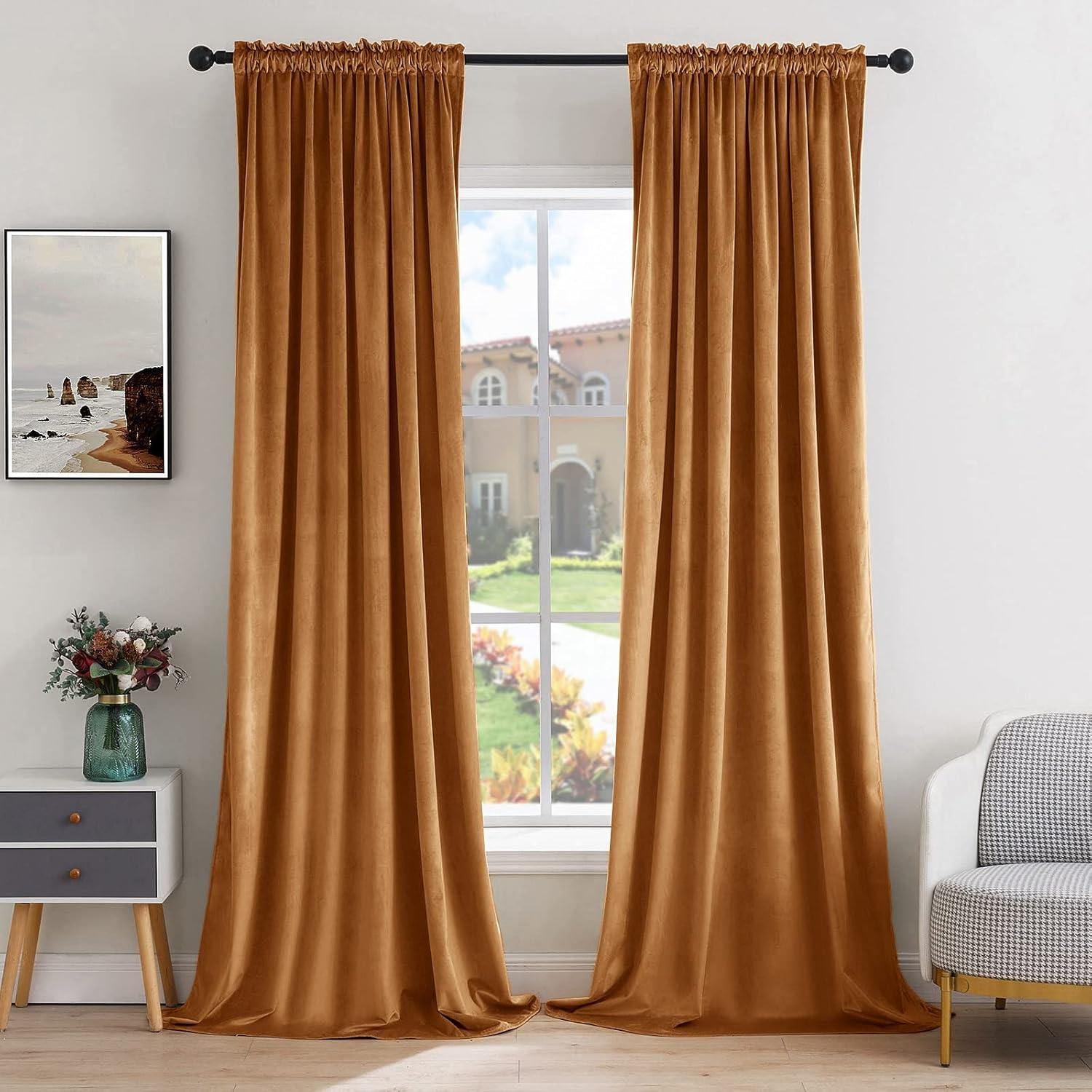 MIULEE Gold Brown Velvet Curtains Thermal Insulated Blackout Curtain Fall Drapes for Bedroom Living Room Darkening 84 Inches Long…