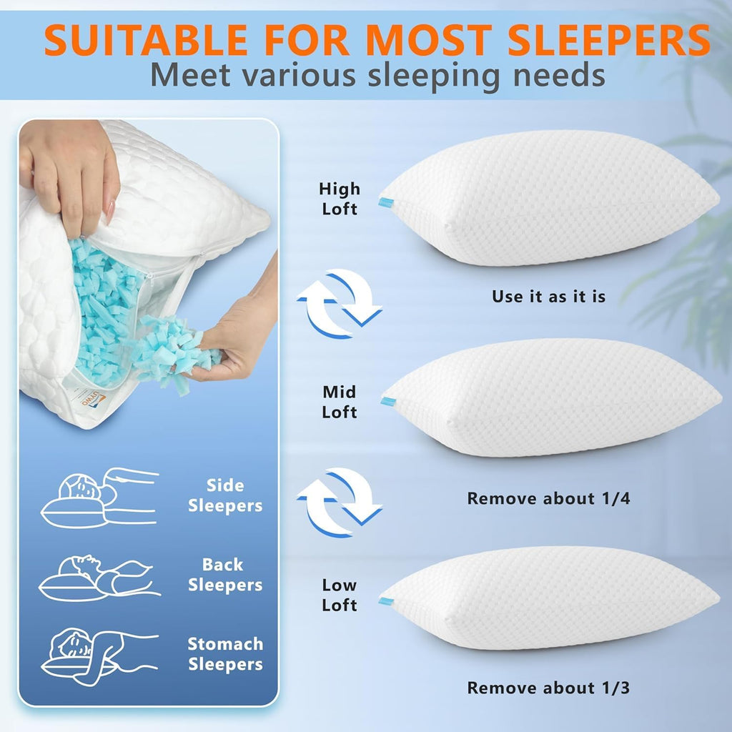 UYWO Cooling Memory Foam Pillows Firm and Soft, King Size 1 Pack, Original Adjustable Pillows for Side, Back or Stomach Sleepers with…