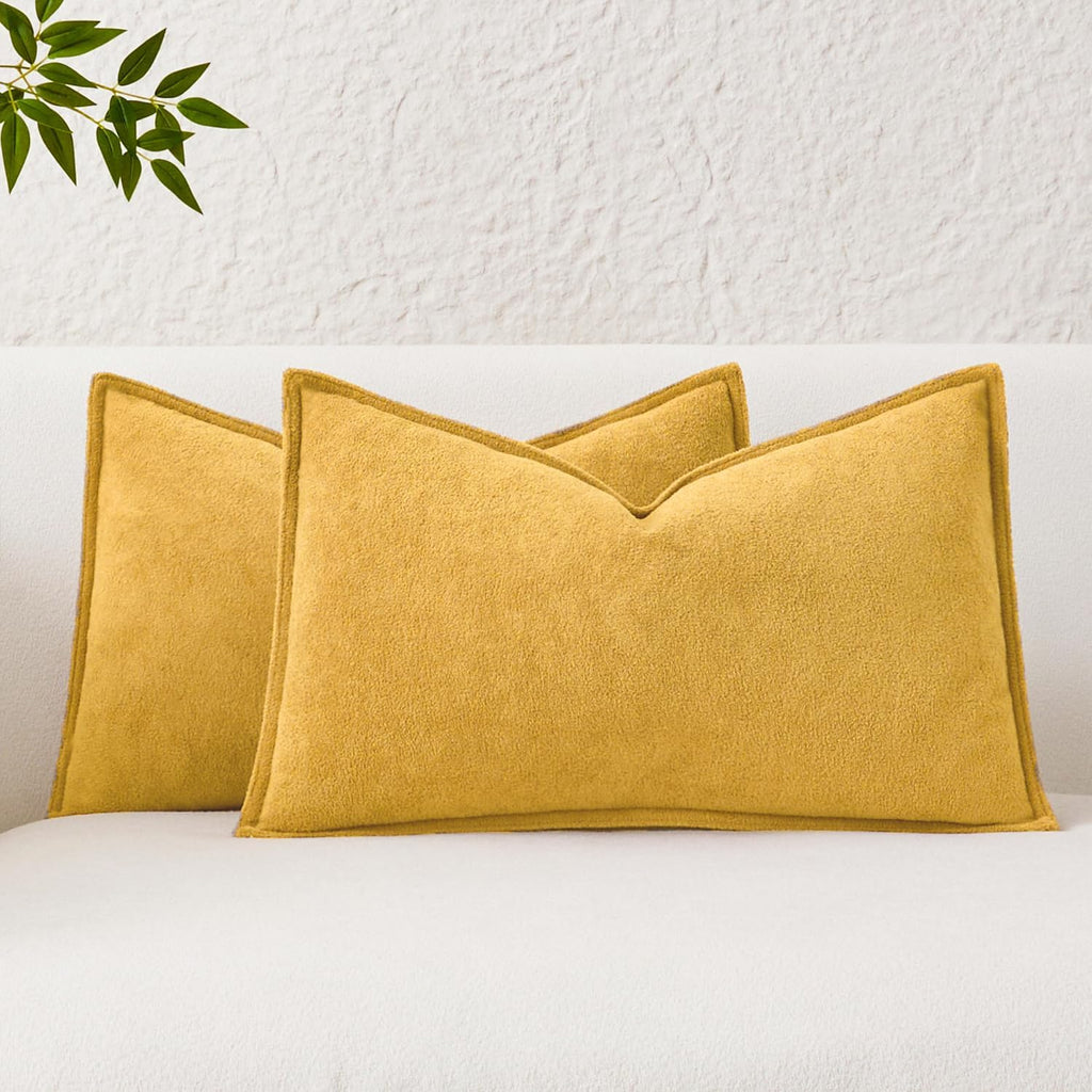 KevinTextile Kevin Textile Waterproof Decorative Pillow Covers Yellow 12x20 Inch Pack of 2 Soft Boucle Textured Lumbars Cushions Elegant Ac…