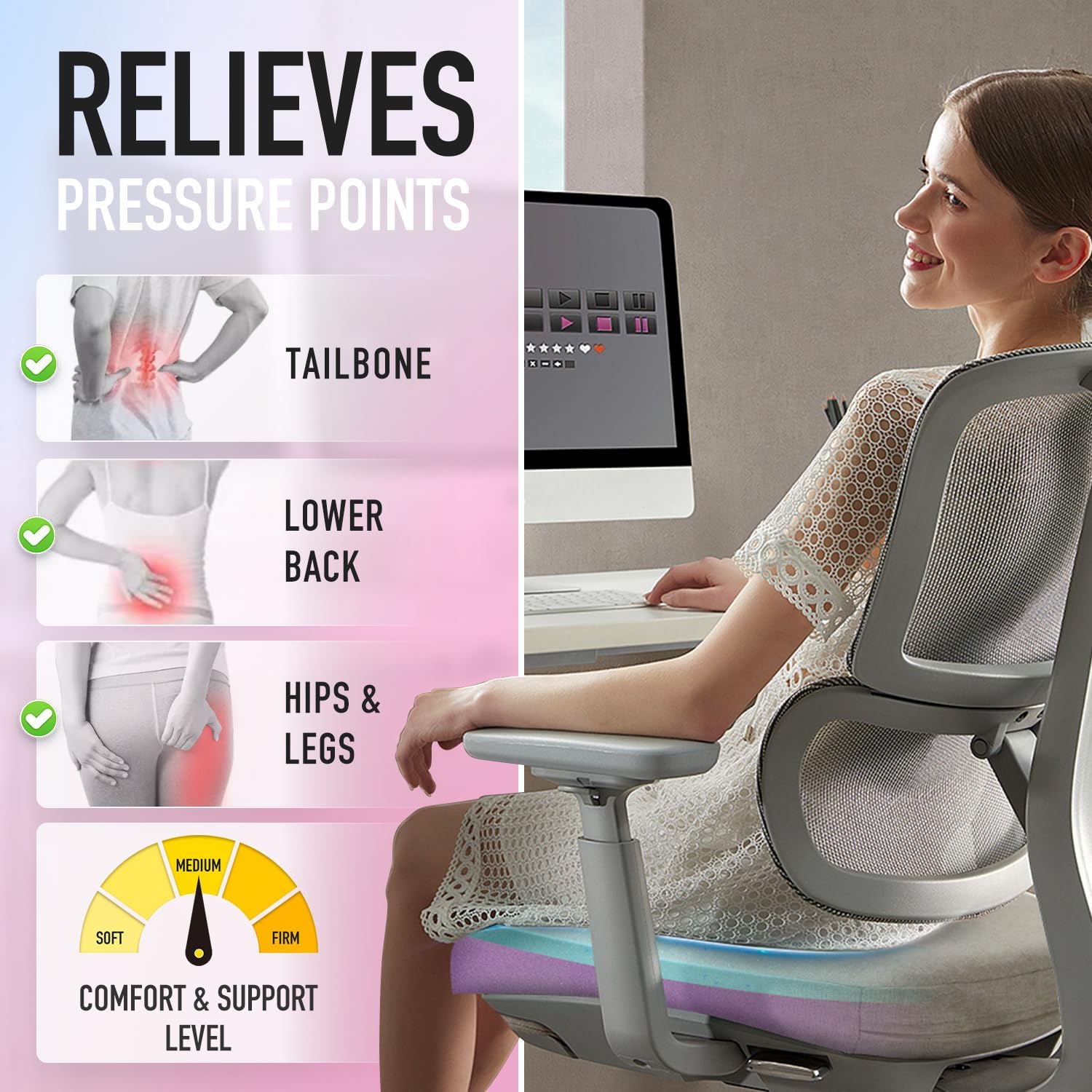 Sunrox Cooling Gel Memory Foam Chair Cushions, 2.6" Thick U-Shaped Dual-Layer Comfort Dining Chair Pads, Non Slip Seat Cushion with Ties fo…