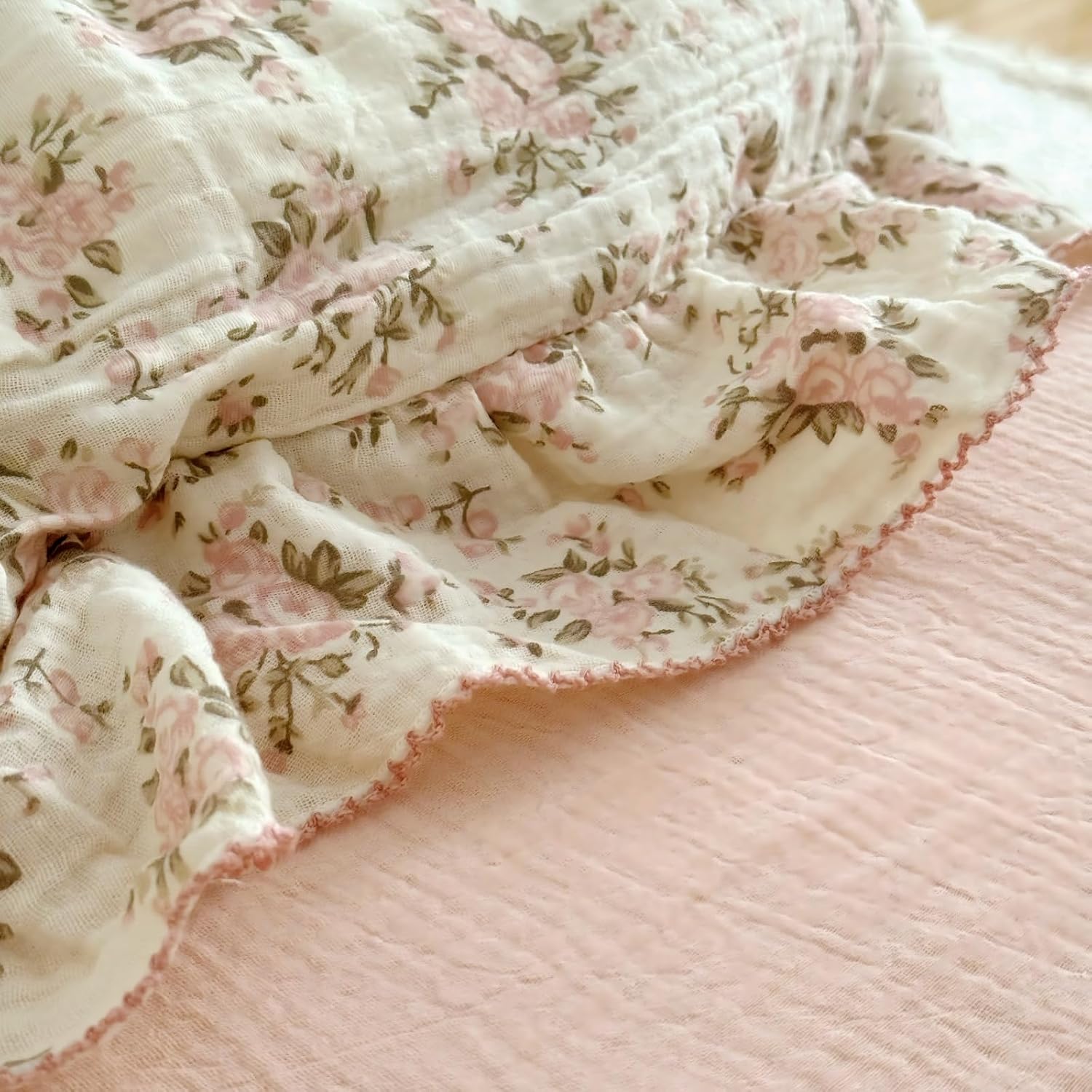 BuLuTu Muslin Cotton Toddler Pillowcases 14"x20", Shabby Chic Pink Floral Kids Pillow Cases Fit Toddler Pillow Sized 13"x18" Soft…