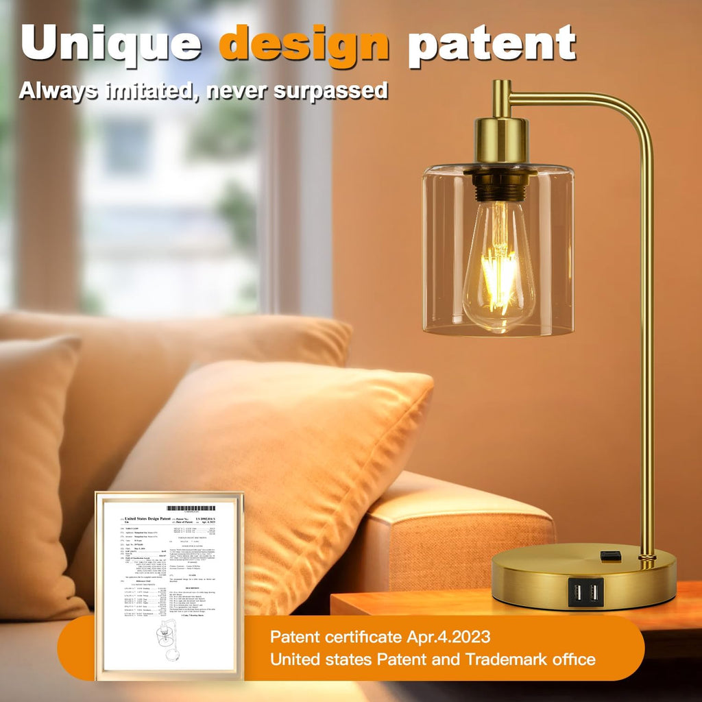 Set of 2 Industrial Touch Control Table Lamps with 2 USB Ports and AC Outlet - 3-Way Dimmable Gold Bedside Lamp Nightstand Desk Lamps for…