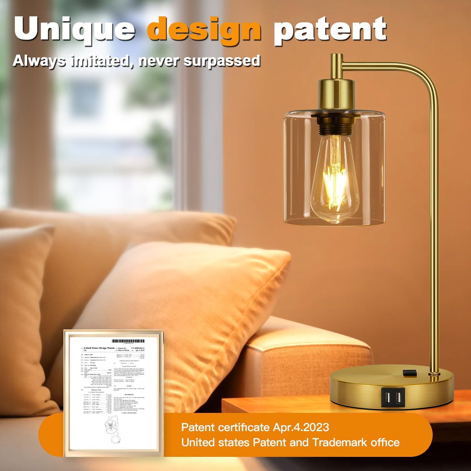 Set of 2 Industrial Touch Control Table Lamps with 2 USB Ports and AC Outlet - 3-Way Dimmable Gold Bedside Lamp Nightstand Desk Lamps for…
