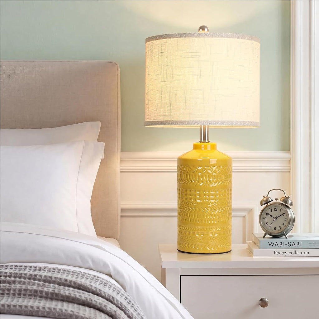 JUNNAI 25" Modern Bedside Ceramic Table Lamps for Living Room Mustard Yellow Nightstand 3-Way Dimmable Lamp Farmhouse Lamp for Bedroom…