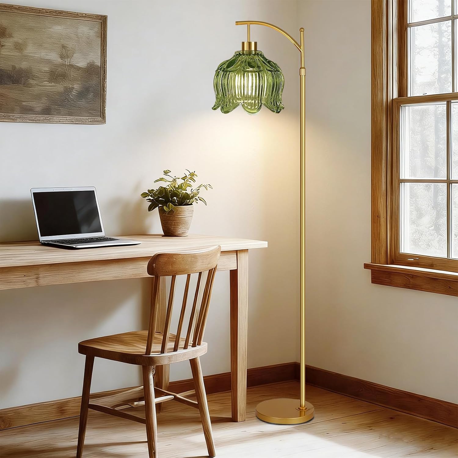 QIYIZM Glass Floor Lamp for Living Room, Bedroom, Gold Dimmable Standing Lamp with Remote, Mid Century Modern Brass Tall Lamp Boho Vintage…