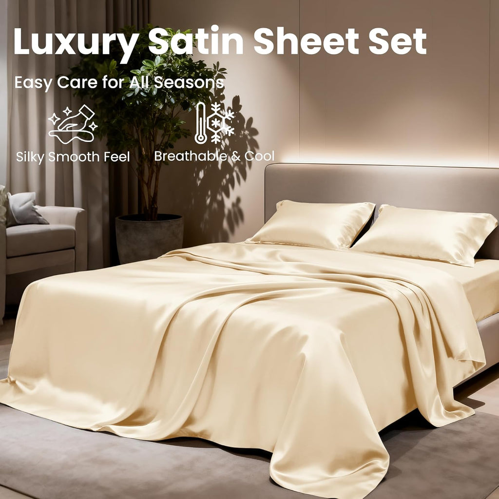 Lovescabin Love's cabin California King Satin Sheet Sets - 4 Piece Beige Silky Sheets Bed Set with Deep Pocket, Luxury Silk Feel Satin Cal…