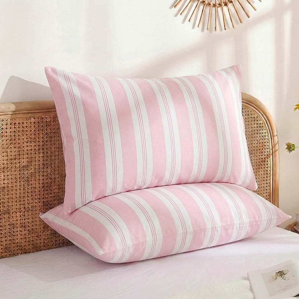 Merryword Pink Striped Pillowcases, 100% Cotton Pillow Cases, Standard Size Pillowcases, Luxury Linen Like Pillowcase, Soft Breathable Stri…