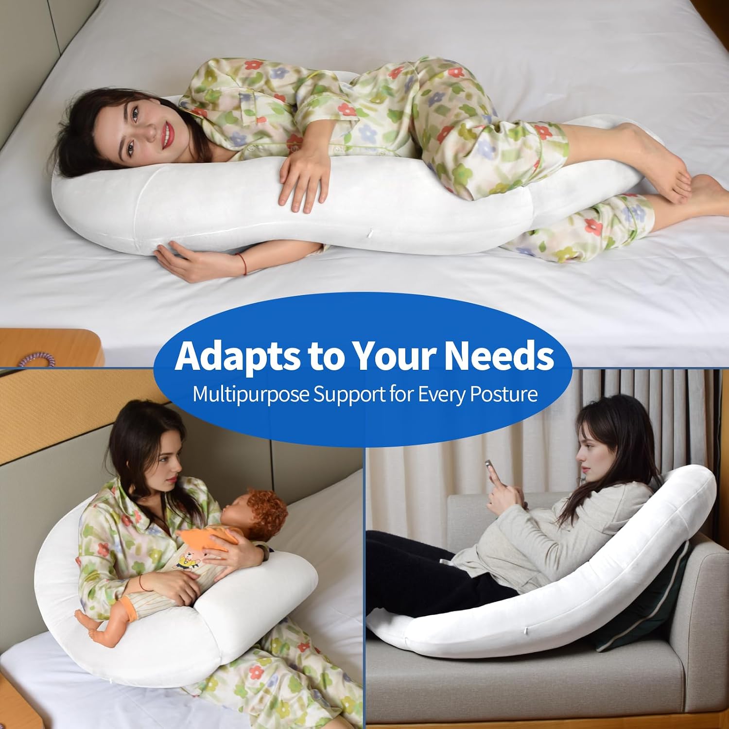 Pozico U-Shaped Full Body Pillow for Side Sleepers – 51-Inch Body Pillow with Ear Piercing Design – Cooling Pregnancy Pillow Orthopedic Sup…