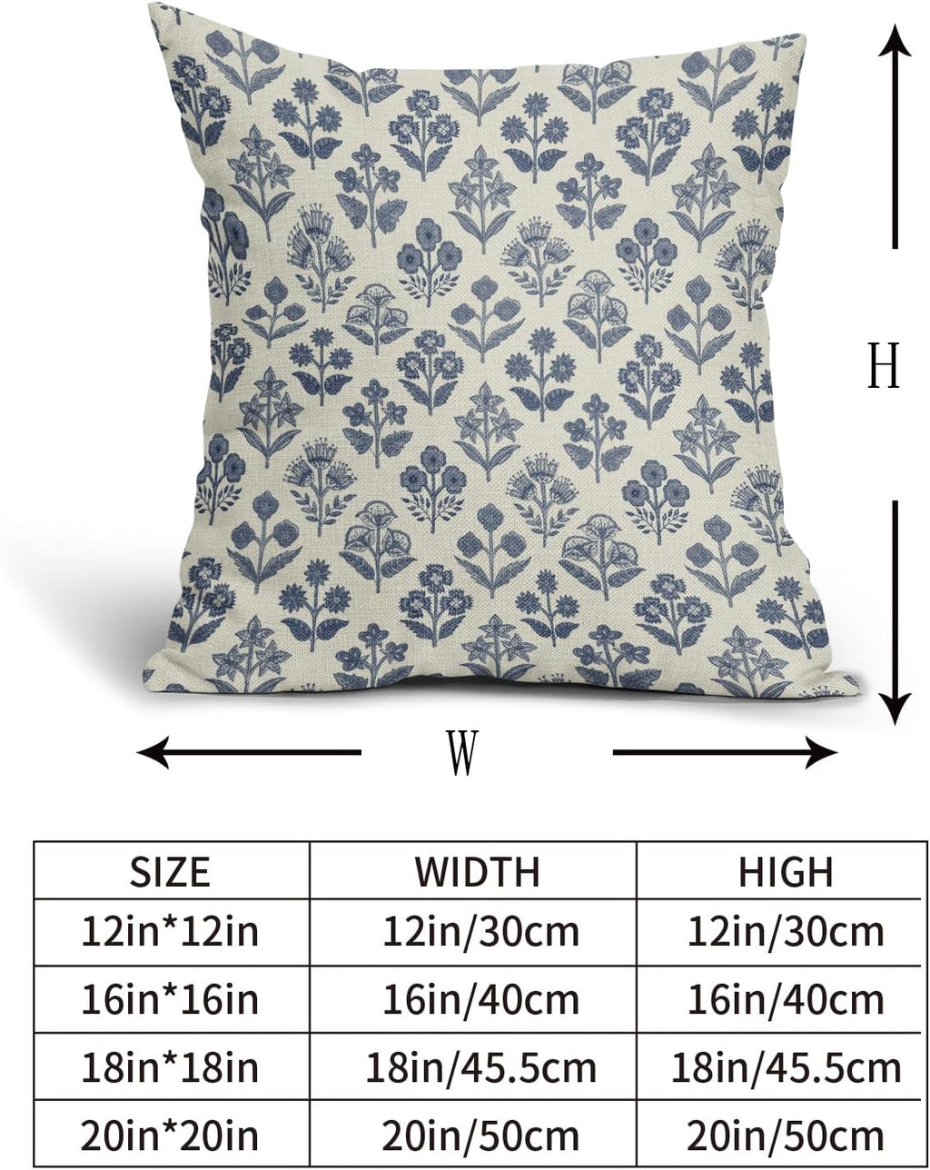 Dark Blue Floral Block Print Pillow Covers 16x16 Inch Set of 2, Vintage Flower Pattern Decorative Throw Pillowcases Outdoor Farmhouse…